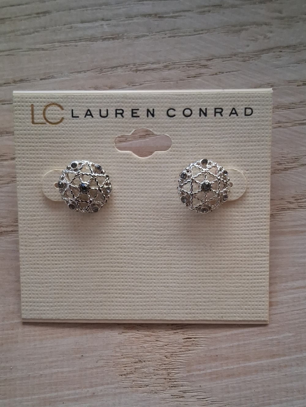 LC Lauren Conrad Silver Crystal Filigree Stud Earrings, NEW